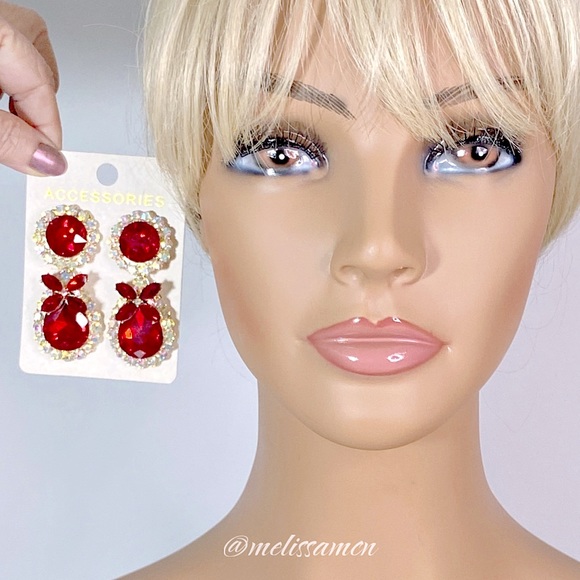 Red & AB Glass Crystal Formal Earrings Bridal Pageant Special Occasion - Picture 3 of 3